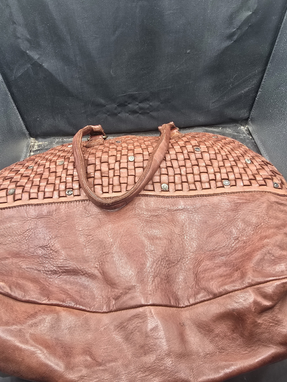 Woven‎ Leather Tote Bag in Chestnut Brown